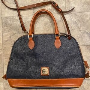 Dooney & Bourke Pebble Grain Domed Zip Satchel Bag navy  Tan Leather  mint condi